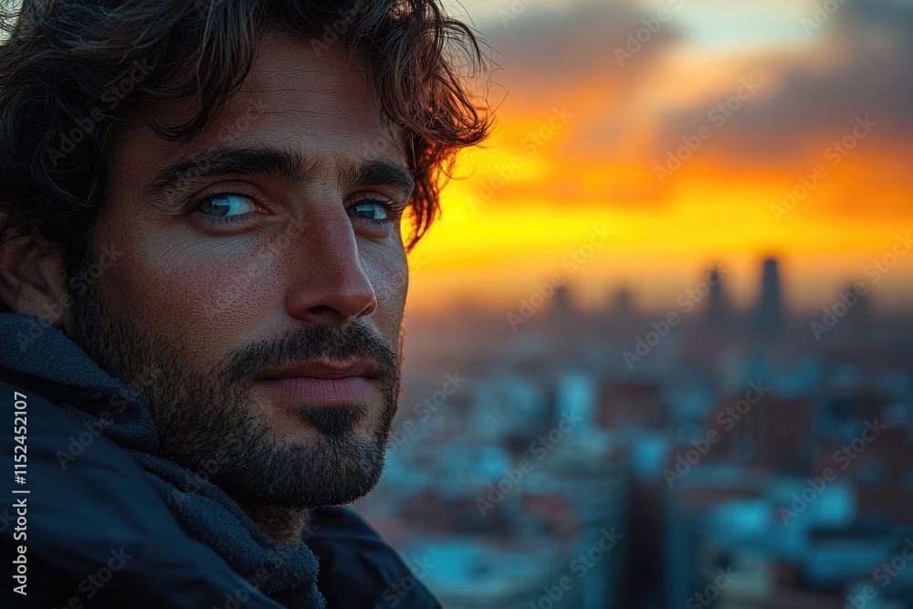Aufkleber a person is seen in the foreground while a city skyline is visible in the background