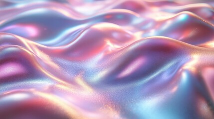 Fototapeta premium Futuristic holographic background with smooth flowing textures in teal, pink, and lavender tones, featuring metallic sheen, soft gradients, and subtle rainbow-like reflections for a dynamic and modern