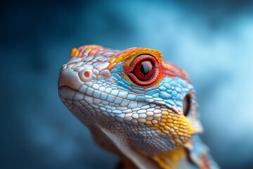 Fototapeta premium Colorful lizard with vivid patterns and striking red eyes captured in detail in a vivid setting