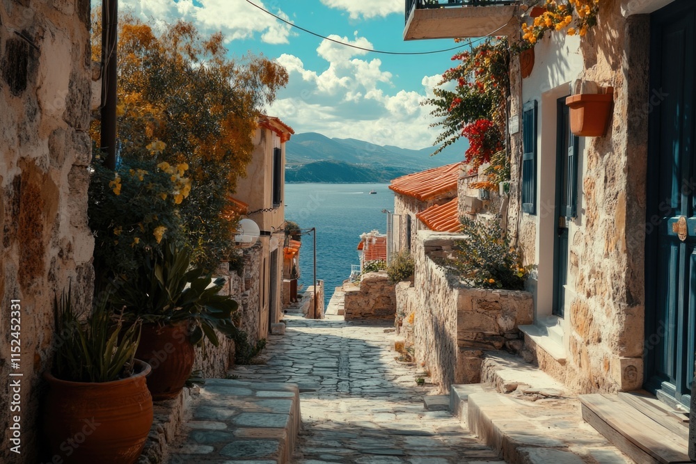 Poster a quiet urban street with greenery on both sides, ideal for use in images of calm atmosphere, everyd