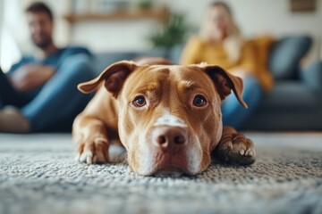 Dog relaxing on carpet while owners sit comfortably in living room during the afternoon