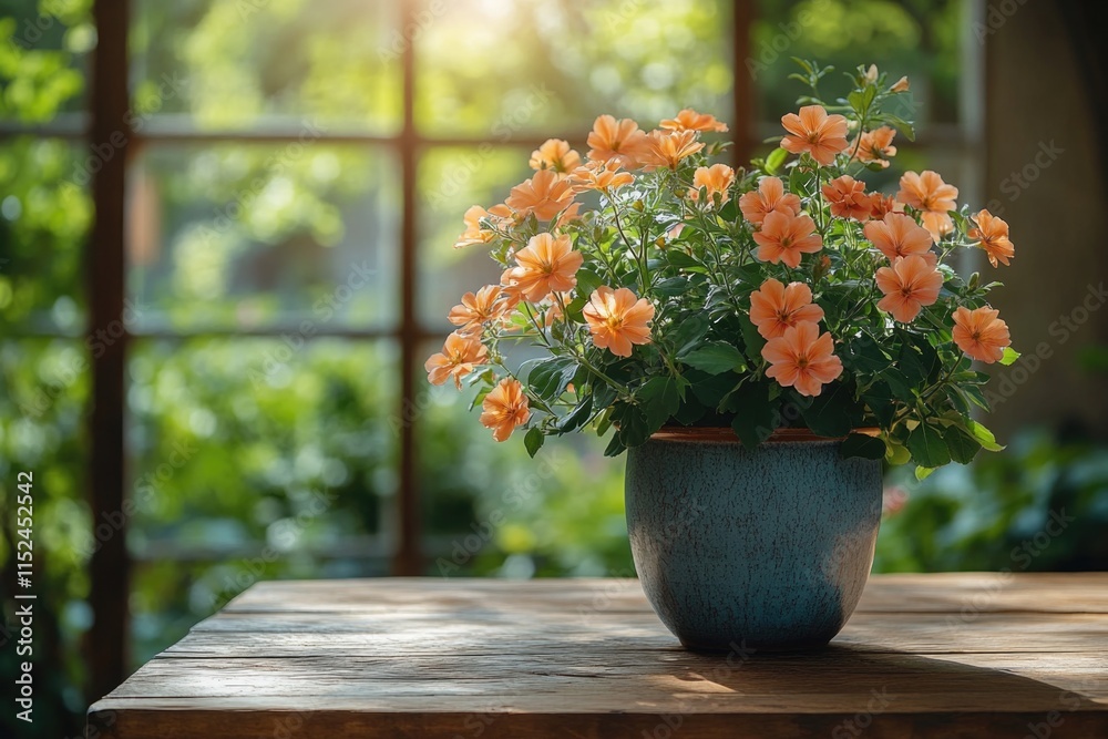 Poster a small potted plant sits on a table in front of a sunny window