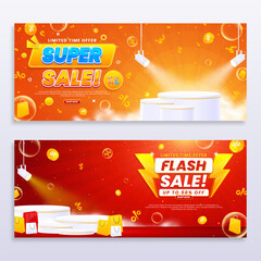 Collection of sales banner template designs with podium isolated on abstract background. Modern sale banner to promote your business