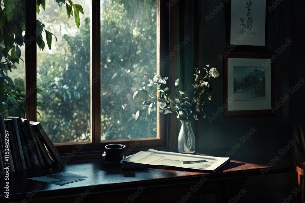 Poster A simple desk setup with a vase of flowers and a book, great for offices or personal spaces