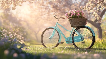 Fototapeta premium A pastel blue bicycle rests in a blossoming spring garden