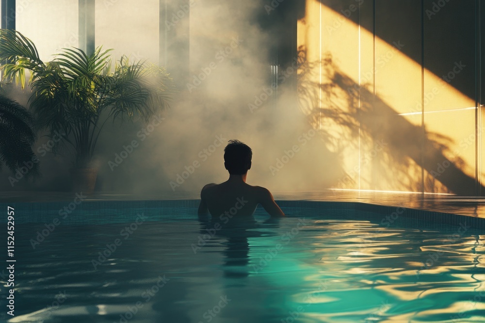 Poster a person lounging in a pool on a sunny day, enjoying the warmth and relaxation