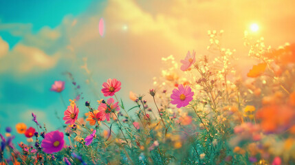 Fototapeta premium A vibrant meadow filled with colorful wildflowers under a warm sun and a clear blue sky creating a joyful atmosphere 