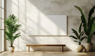 Bright interior with white textured wall, large blank canvas, wooden bench, and potted green plants. Sunlight casting shadows through window. Mockup