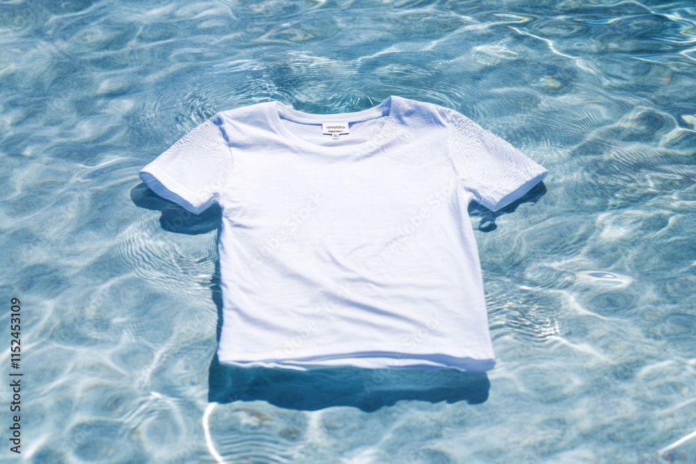 Poster a white t-shirt floating on the surface of a pool, suitable for use in scenes depicting relaxation o