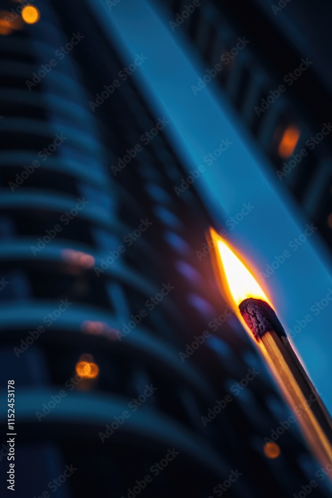 Poster a single lit matchstick is placed in front of a tall building, ready to be blown out or potentially 