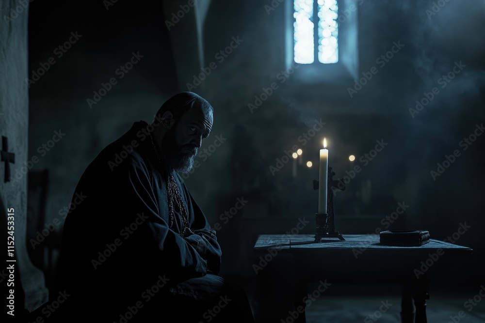 Poster A person sitting at a table with a lit candle, great for use in scenes about introspection, study or quiet moments