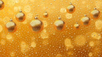 Golden holiday ornaments hanging against a shimmering backdrop of festive bright gold polka dots