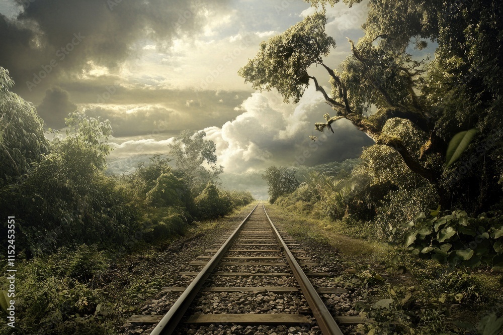 Poster A train track running through a dense forest with tall trees and greenery on either side