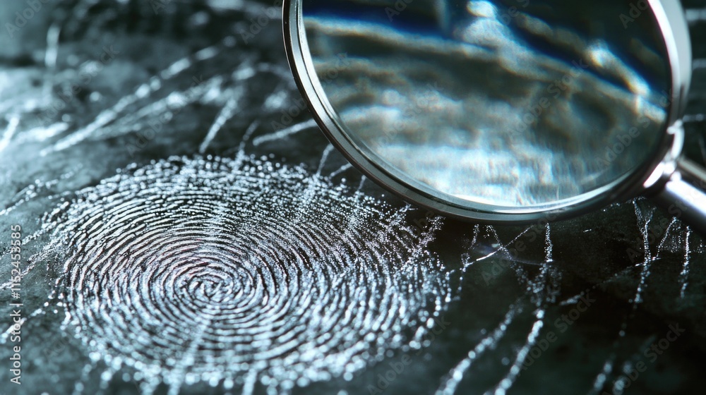 Poster a close-up view of a fingerprint under a magnifying glass, perfect for forensic or detective themed 