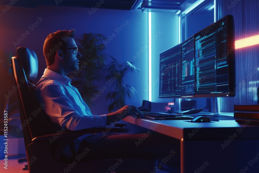 Poster a person sitting in front of a computer screen, likely doing some work or research