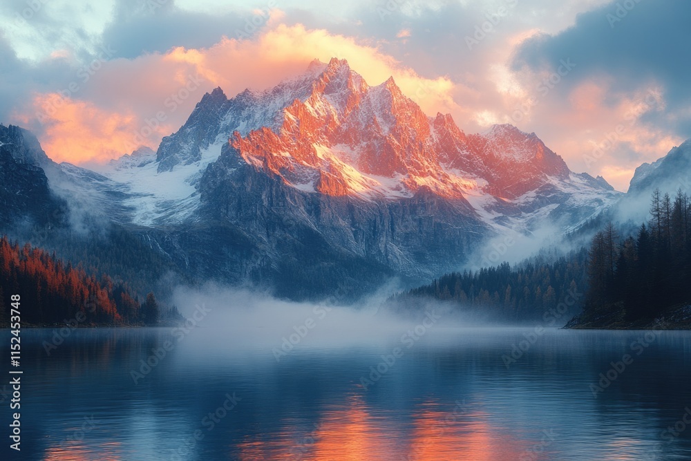 Aufkleber a serene scene with a mountain reflected in the calm waters of a lake