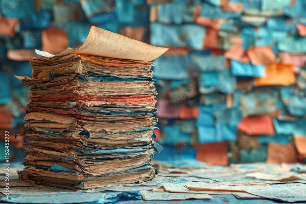 Poster A stack of papers sits on top of a table