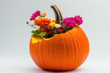 A decorative pumpkin with flowers arranged around it, perfect for autumn or fall themed events