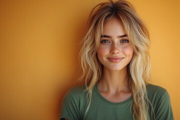 A woman with long blonde hair is seen wearing a green shirt, providing an image of youthful energy