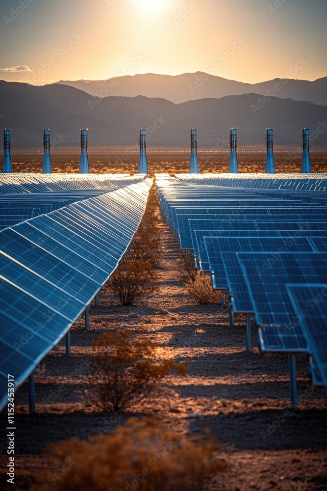 Poster solar panel array in a desert landscape