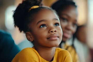 Child with curly hair gazes thoughtfully while seated in a bright, inviting space during a community event