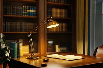 A desk with a lamp and a book providing a cozy atmosphere for studying or reading