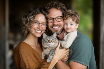 Family joy captured outdoors with a cat and toddler during a sunny day
