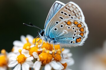 Beautiful blue butterfly resting on vibrant yellow and white flowers in a garden setting during daytime