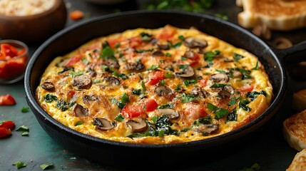 Delicious spinach and mushroom omelet in a cast iron skillet.