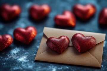 Fototapeta premium A brown envelope with two red hearts on it, often used for love letters or gifts