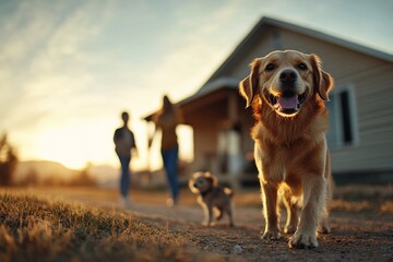 Obraz premium Happy golden retriever and small dog enjoy evening walk with their owners outside a house at sunset