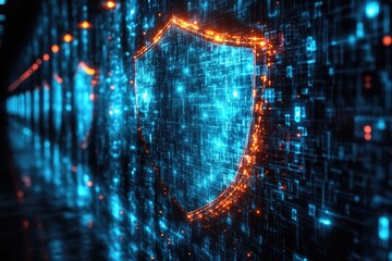 A blue shield surrounded by small glowing dots