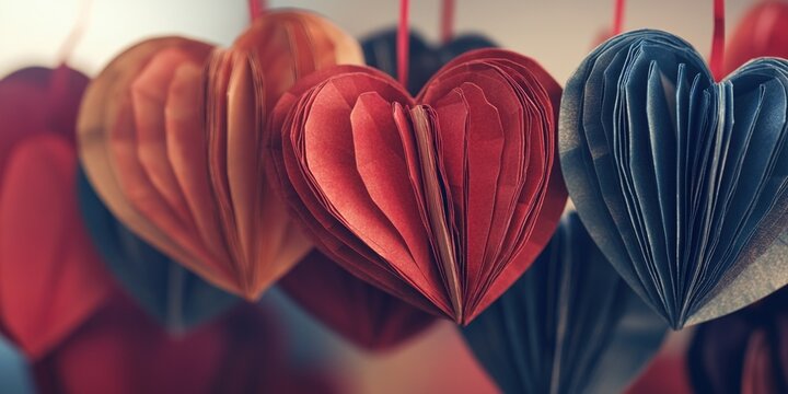 A bunch of paper hearts hanging from strings, perfect for Valentine's Day or any romantic occasion