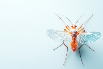 Brightly colored insect with transparent wings resting on a light background