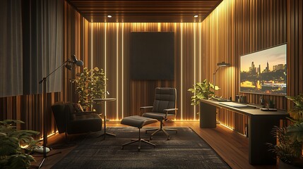 Fototapeta premium Modern Wooden Office Interior Design with Cityscape View