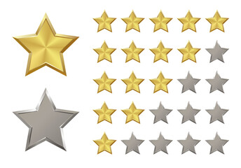 5, 4, 3, 2 shiny realistic gold, silver star with metallic effect. Five elements for medal, award, product rating, hotels status Isolated on white background, customer feedback, review. Vector EPS10