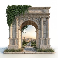 Obraz premium A detailed triumphal arch with intricate carvings and ivy, leading to a cityscape. The scene is illuminated by warm, golden light, blending history and modernity.