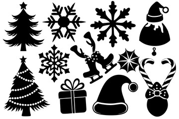 Festive Christmas Silhouettes Set: Santa Hat, Snowflake, Tree, Candy Cane, Reindeer & More