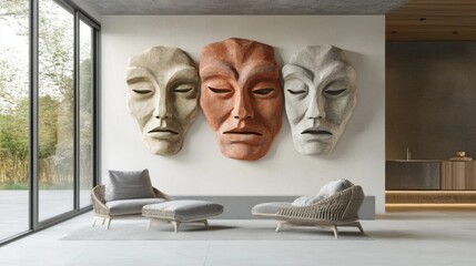Three abstract face sculptures on a wall in a modern living room.
