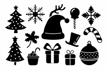 Festive Christmas Silhouettes Set: Santa Hat, Snowflake, Tree, Candy Cane, Reindeer & More