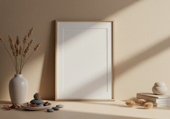 Wooden picture frame cream wall in modern interior. Vertical artwork template for artwork, painting, photo or poster in interior