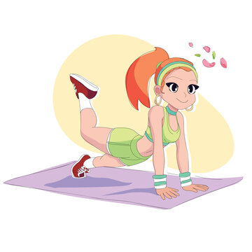 Vector Illustration of a Fitness Girl Exercising on a Yoga Mat in Cartoon Style on Transparent Background