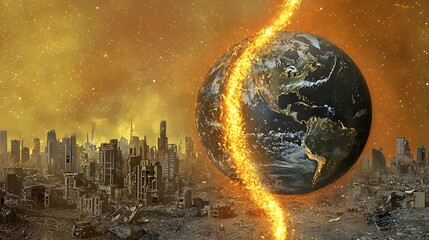 Apocalypse: Earth's fiery destruction, a ruined city's somber reflection.