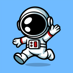 fun running astronaut waving cartoon character isolated colored drawing line art style sketch classic vintage design illustration
