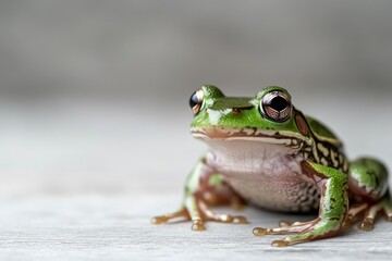 Fototapeta premium Bright green frog rests on a wooden surface in a natural setting showcasing its intricate patterns and vibrant colors