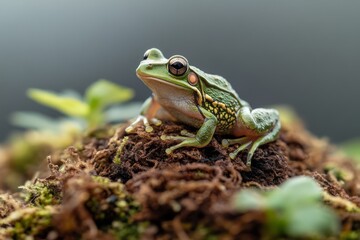Obraz premium Colorful frog perched on mossy ground in a lush environment with soft lighting during daylight hours