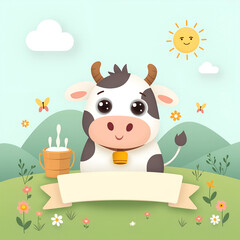 Naklejka premium Cute cartoon cow standing in a sunny meadow with flowers and butterflies while next to a bucket of milk