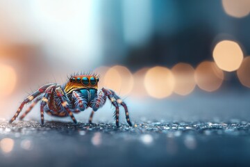 Naklejka premium Colorful jumping spider exploring a city street at dusk with blurred lights in the background