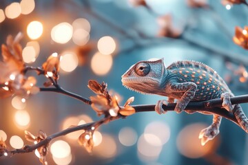 Fototapeta premium Chameleon perched on a blossoming branch with soft bokeh background in a serene natural setting during spring