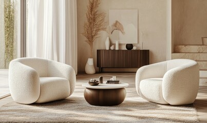 3D rendering of modern living room with two white armchairs and sofa. Beige home interior with minimalistic furniture.